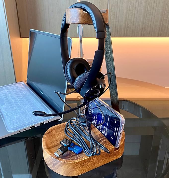 Acacia Wood Headphone & Phone Stand with Tray – Dual Device Holder Desk Organizer for Over-Ear Headphones & Mobile Phone, Gaming Setup, Workstation, Stylish Wooden Catchall
