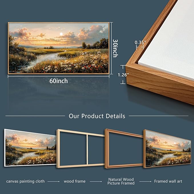 FUHAIHUA Wood Framed Canvas Wall Art For Living Room Large Wall Decor For Office Bedroom Decorations Sunset Landscape Pictures Farmhouse Painting Artwork Room Wall Mural Aesthetic Home Decor 30x60 In
