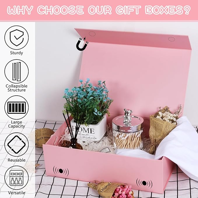RayofSun Pink Gift Boxes with Magnetic Lids for Presents Large Rectangle Collapsible Decorative Boxes 13.7x9x4.3inch, Bridesmaid Groomsmen Proposal Box for Wedding, Christmas, Birthday(1PC)