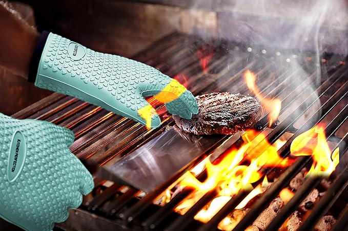 KITCHEN PERFECTION S Silicone Smoker Oven Gloves -Extreme Heat Resistant BBQ Gloves -Handle Hot Food Right on Your Grill Fryer Pit|Waterproof Oven Mitts |Superior Value Set+3 Bonuses