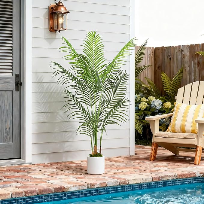 5FT Artificial Palm Tree, Tall Fake Tropical Areca Plant with White Round Planter for Indoor Outdoor Home Decor, Realistic Faux Palm Tree for Living Room, Office, Porch, Garden
