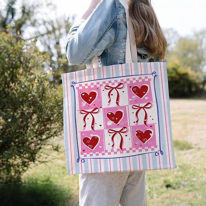 Animals-Flowers-Fruits-Bow Valentines Canvas Heart Tote Bag, Coquette Reusable Shopping Grocery Bags
