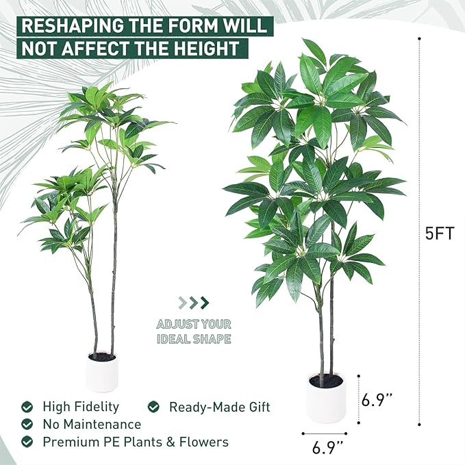 Artificial Fortune Tree - 5 FT Fake Tree with White Planter - Large Faux Plants Indoor Outdoor - Artificial Plants Indoor pots for Home Office Living Room Decor