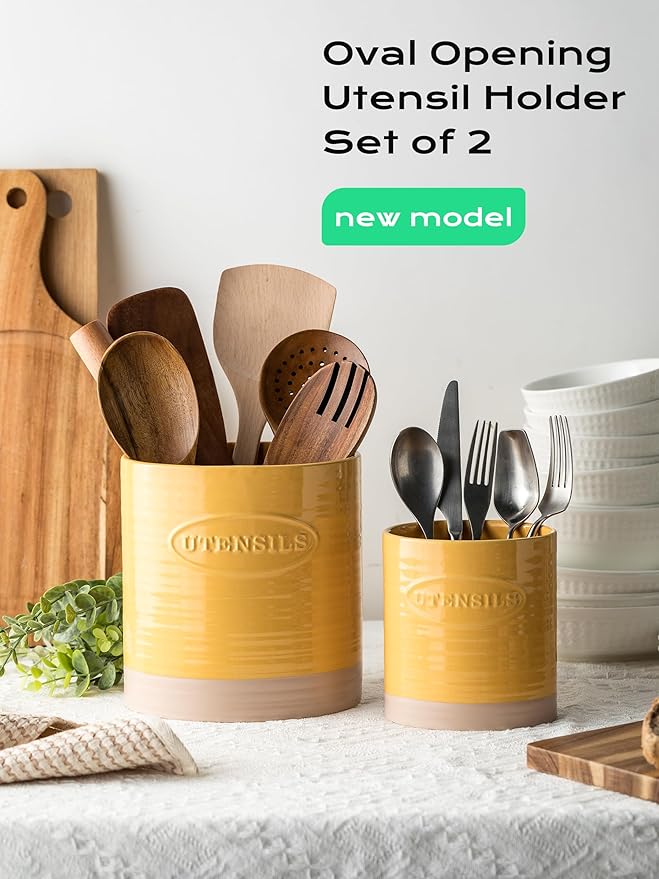 YHOSSEUN Kitchen Utensil Holder Set of 2, Ceramic Utensil Holder for Kitchen Counter, 6.7"+5.1" Cooking Utensil Crocks for Spatula, Oval Opening, Yellow