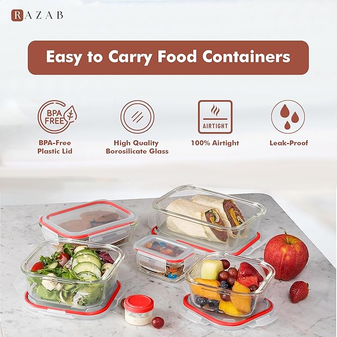 Razab 35 Pc Set Glass Food Storage Containers with Lids - Meal Prep Airtight Bento Boxes BPA-Free 100% Leak Proof (15 lids,15 glass & 5 Plastic Sauce/Dip Containers)