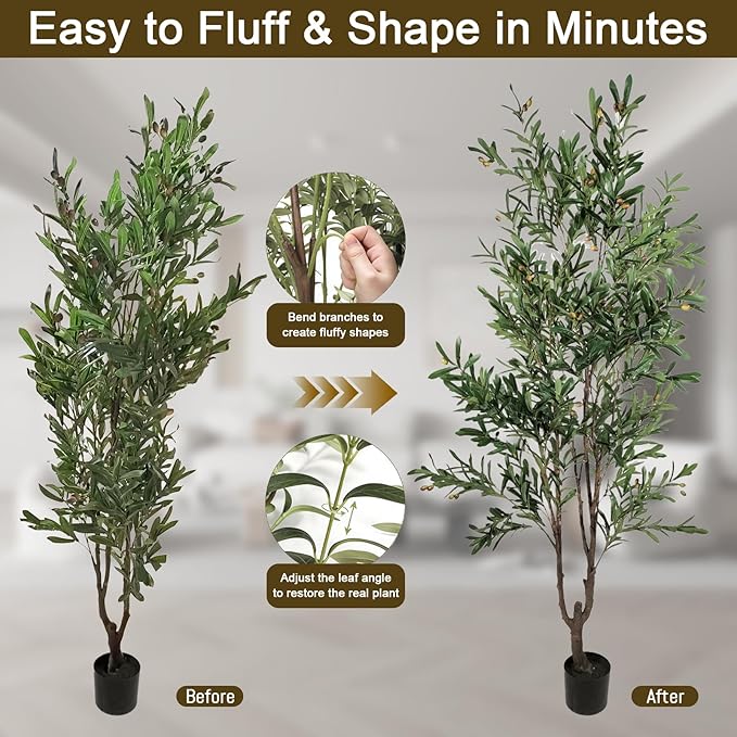 2-Pack 6ft Real Touch Faux Olive Tree with 1390 Leaves & 86 Olives, Indoor Potted Fake Plants, Nearly Natural Artificial Plants for Home Office Decor