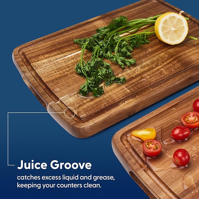 Set of 2 Sonder Los Angeles Acacia Wood Cutting Boards with Juice Groove, Gift Box Included - Small & Medium Sizes: 14x10x1in & 12x8x1in. Ideal for Meat, Vegetables, and Organic Produce Sustainable
