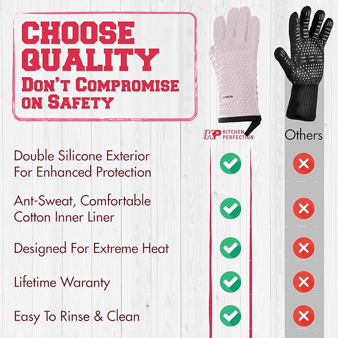 KITCHEN PERFECTION XL Silicone Smoker Oven Gloves for Women -Extreme Heat Resistant BBQ Gloves -Handle Hot Food Right on Your Grill Fryer&Pit|Waterproof Grilling Cooking Mitts|Superior Set+3 Bonuses