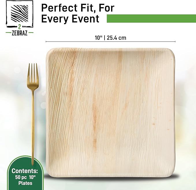 Premium 10” Palm Leaf Disposable Plates – Set of 50, Heavy-Duty Dinner Plates, Natural Plastic Alternative, Compostable & Microwave Safe for Weddings, Parties & Events