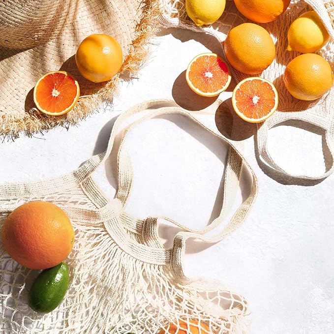 LZMS 3PCS Cotton Net Bags for Produce,Farmers Market Bag,Mesh Produce Bags Reusable Washable,Grocery Veggie Net Tote with Wide-Strap Carry Handles(Long Handle)