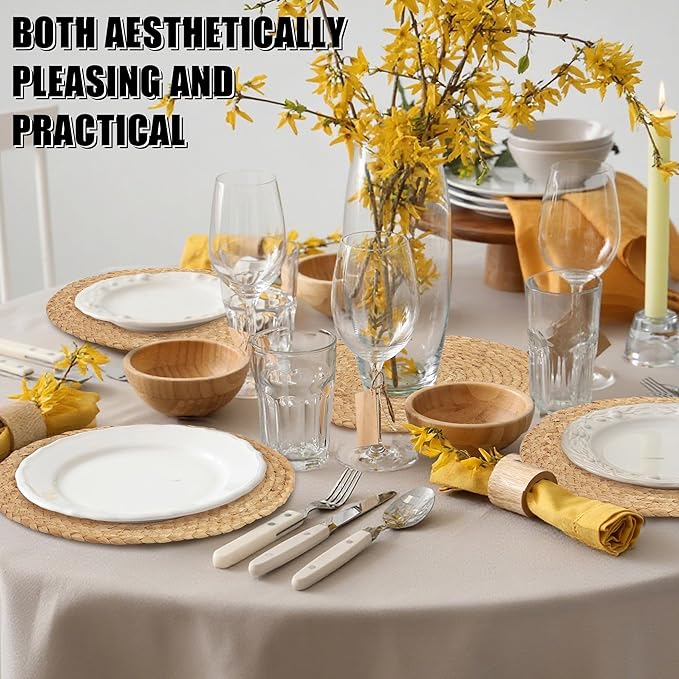 Set of 6 Round Woven Placemats 13.5-Inch Natural Water Hyacinth Plant Placemats Hand-Woven Boho Rattan Placemat Wicker Weave Table Mats for Home Dinner Plates Holiday Supplies