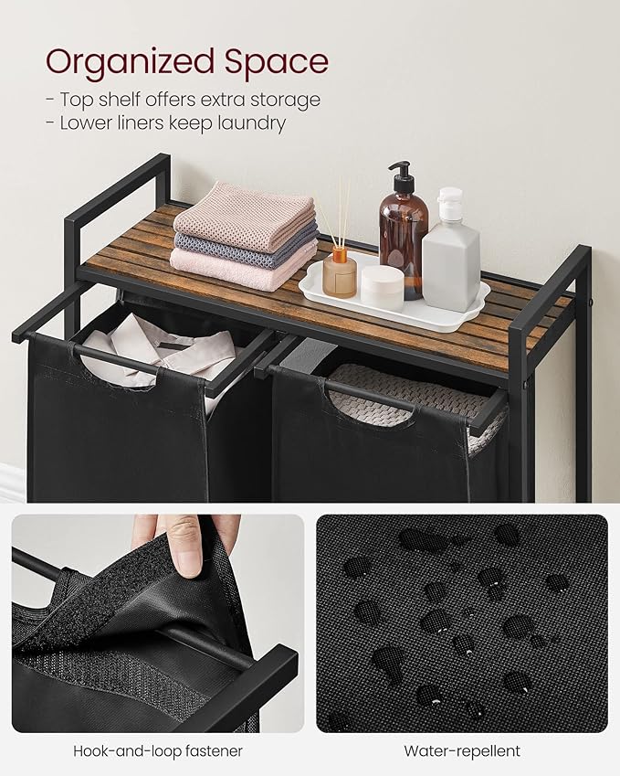 VASAGLE Laundry Hamper, Laundry Basket, Laundry Sorter with 2 Pull-Out and Removable Bags, Shelf, Metal Frame, 2 x 12.1 Gallons (46 L), 28.8 x 13 x 28.4 Inches, Ink Black and Rustic Brown UBLH201B01