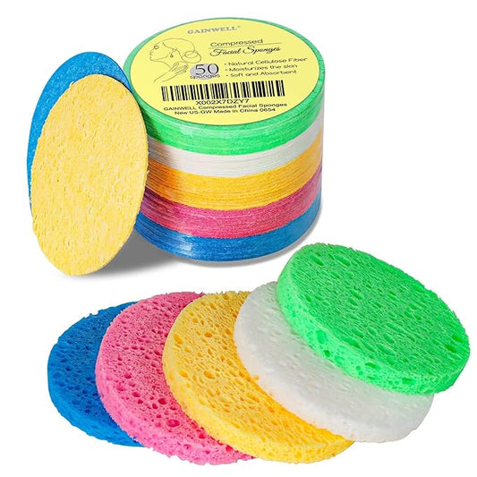 GAINWELL 50-Colored Natural Compressed Facial Sponges, for Facial Cleansing, Reusable & Eco-Friendly, 50 PCS