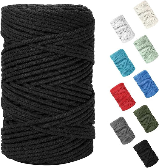 HOMEBOBO Macrame Cord 5mm x 109Yards (328Feet),Natural Cotton Macrame Rope - 4 Strands Twisted Macrame Cotton Cord for Wall Hanging,Plant Hangers,Crafts,Gift Wrapping and Wedding Decorations,Black