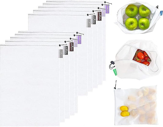 purifyou Set of 10 Reusable Mesh Produce Bags, Heavy Duty, Washable, Farmers Market Bag for Fruits, Vegetables, Groceries, Kitchen Storage, Home Organizer (12x20in)