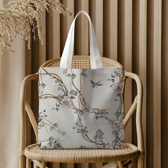 Animals-Flowers-Fruits-Bow Valentines Canvas Heart Tote Bag, Coquette Reusable Shopping Grocery Bags