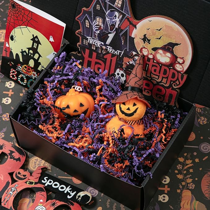 Mefleet 2 LB Halloween Crinkle Cut Paper Shred Filler Orange & Purple & Black Crinkle Shredded Paper for Boo Basket - Gift Box Bag Filler - Grass Cushion Stuffing for Halloween Wrapping