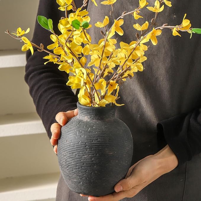 Ceramic Flower Vase Home Decor - Small Farmhouse Table Vases Rustic Vintage Living Room Kitchen Bedroom Decorations for House Book Shelf Office Coffee Desk Dining Fireplace (6" Black)