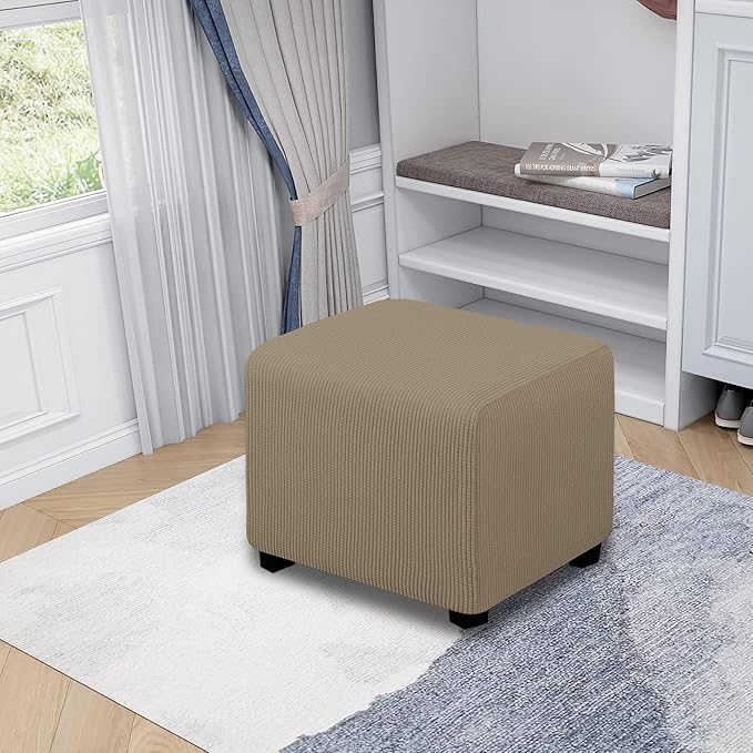 Easy-Going Stretch Square Ottoman Cover Folding Storage Stool Furniture Protector Soft Slipcover with Elastic Bottom (15x15x15inch, Natural)
