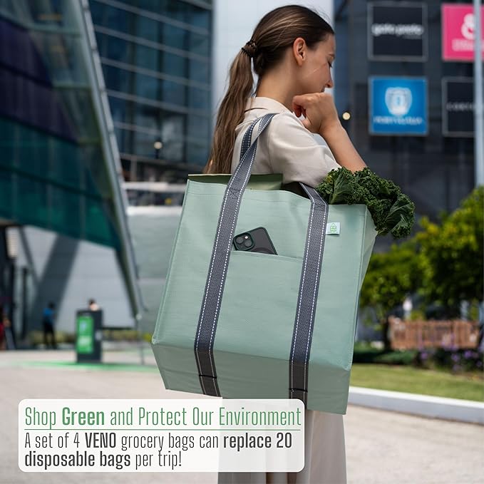 VENO 4 Pack Reusable Grocery Bags, Heavy-Duty Shopping Bags with Handles, Bags for Shopping Cart with Hard Bottom to Stand Upright, Foldable, Multi-Purpose(Light Green, 4 Pack)