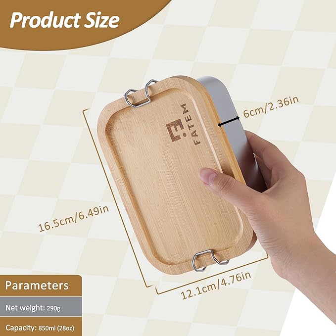 FATEM Bento box in 304 stainless steel. Metal Lunch Boxes with Eco-Friendly Bamboo Lid, Anti-Leak Locking Clips and a Removable Divider.
