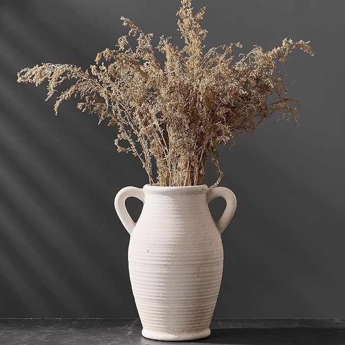 Large Ceramic Rustic Vase with 2 Handles, 9.8 inch Farmhouse Flower Vase, Minimalist for Home Decor, Living Room, Shelf Decor, Pampas Grass, Enterway, Table Decoration, Gift, Off White