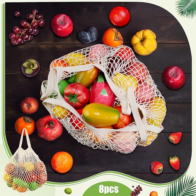 SATINIOR Large Cotton Mesh Grocery Bags 16x16x12 Inch Reusable Washable Cotton String Shopping Bags Beige Produce Containers