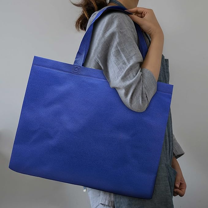 DISCOUNT PROMOS Jumbo Sized Tote Bags Set of 10, Bulk Pack - Reusable Grocery Bags, Shopping Bags, Promotional Item Totes for Women - Blue