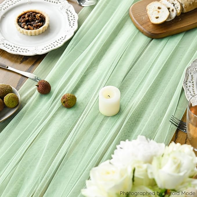 Artoid Mode 6PCS Light Green Gauze Table Runner 120 Inch 10FT, Seasonal Sheer Kitchen Dining Holiday Wedding Birthday Baby Shower Table Decor for Home Party