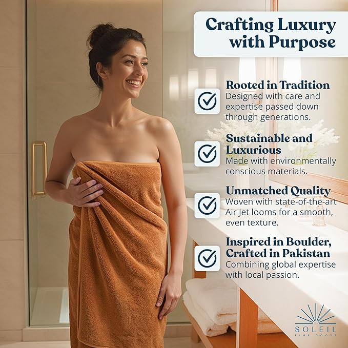 Soleil Fine Goods Luxurious 800 GSM 100% Cotton Bath Towel Set (4-Pack, 27x54) - Heavyweight & Ultra Absorbent, Plush Softness for Bathroom | Hotel & Spa Quality Luxury Towels- Brown Amber