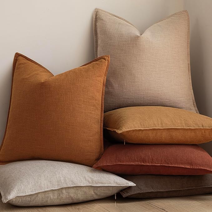 Foindtower Set of 2, Decorative Linen Soild Throw Pillow Covers Soft Accent Euro Cushion Case Boho Farmhouse Pillowcase for Chair Couch Sofa Bedroom Living Room Home Decor 20 x 20 Inch Autumn Orange