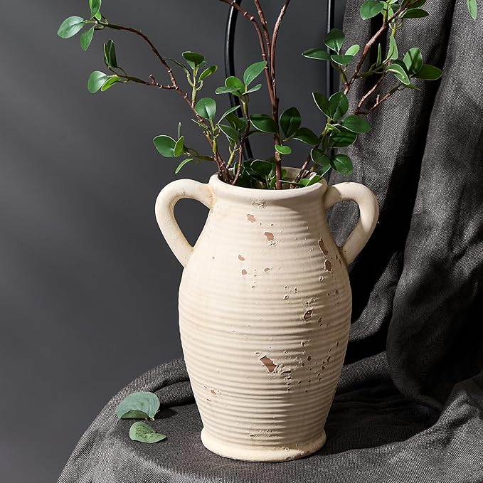 Large Ceramic Rustic Vase with 2 Handles, 9.8 inch Farmhouse Distressed Flower Vase for Home Decor, Living Room, Shelf Decor, Pampas Grass, Enterway, Table Decoration, Gift, White