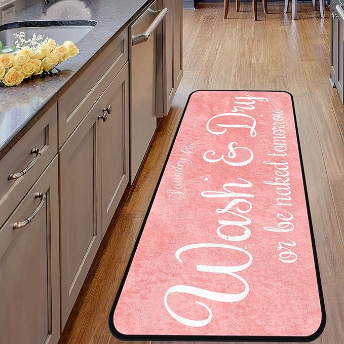 Laundry Room Long Mat Area Rug Non-Slip Floor Mat Waterproof Farmhouse Carpet for Kitchen 72" x 24" (Pink)