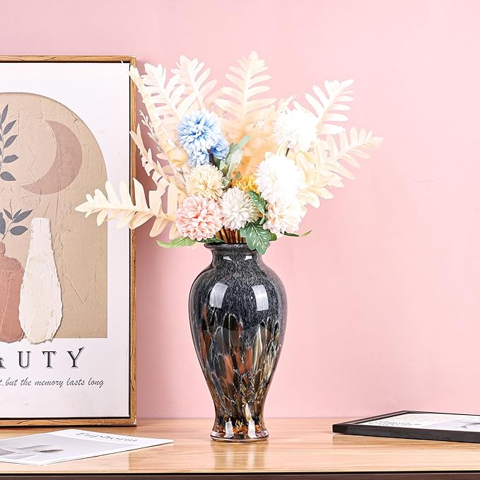 Hand Blown Glass Vase 11.8" Tall Beautiful Amber Blue Sea Wide Mouth Bud Vase for Table Centerpiece, Painted Colorful Murano Glass Flower Vases for - Home Entrance Wedding Center