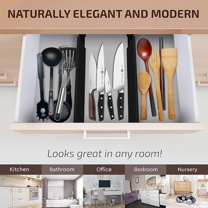 6 Pack Drawer Dividers 4 Inch High, 11”-17" Adjustable Bamboo Organizers Large Expandable Drawer Separators for Cloths, Dresser, Bedroom, Bathroom, Baby Drawer, Office & Kitchen Utensils (Black)