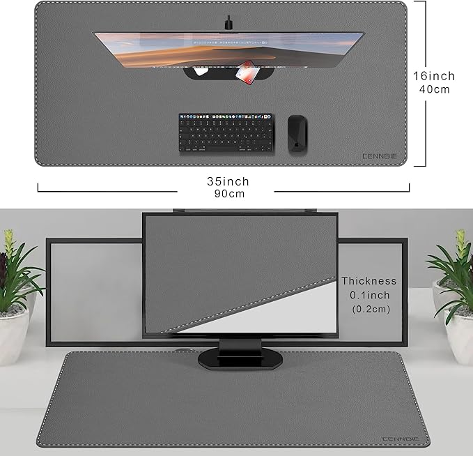 CENNBIE 35.5" x 16" Leather Desk Mat, Non-Slip Waterproof Extra Wide Desk Pad Protector,Computer Mouse Pad for Office Home (Grey)