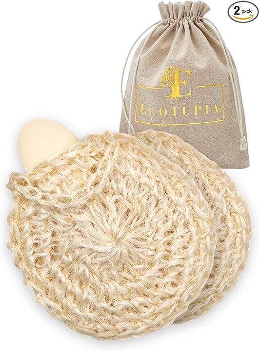 Natural Loofah Body Scrubber – Exfoliating Loofah Sponge, Handwoven Sisal Agave with Soap Pouch, Eco-Friendly Arabic - Turkish Bath Washcloth for Women & Men (2-Pack)