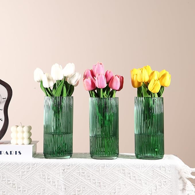 Green Glass Vases, Flower Vases Set of 3, Ribbed Glass Vase for Tulips, Tall Cylinder Glass Vases for Living Room, Bedroom, Dining Table, Office, Wedding, Bookshelf Decoration, 8 Inches