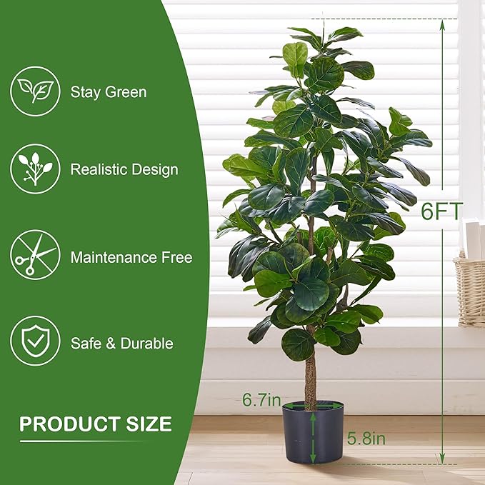 VECELO Artificial Fiddle Leaf Fig Tree 6FT(71in), Tall Fake Floor Plants with 150 Large Realistic Leaves in Plastic Pot for Indoor Outdoor Living Room Home Decor