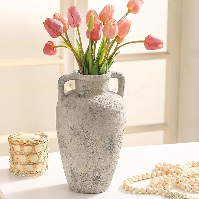 Large Ceramic Rustic Vase, 11.41 inch Tall Terracotta Flower Vase with 2 Handles, Decorative Vases for Home Decor, Dining Table, Living Room, Kitchen, Office