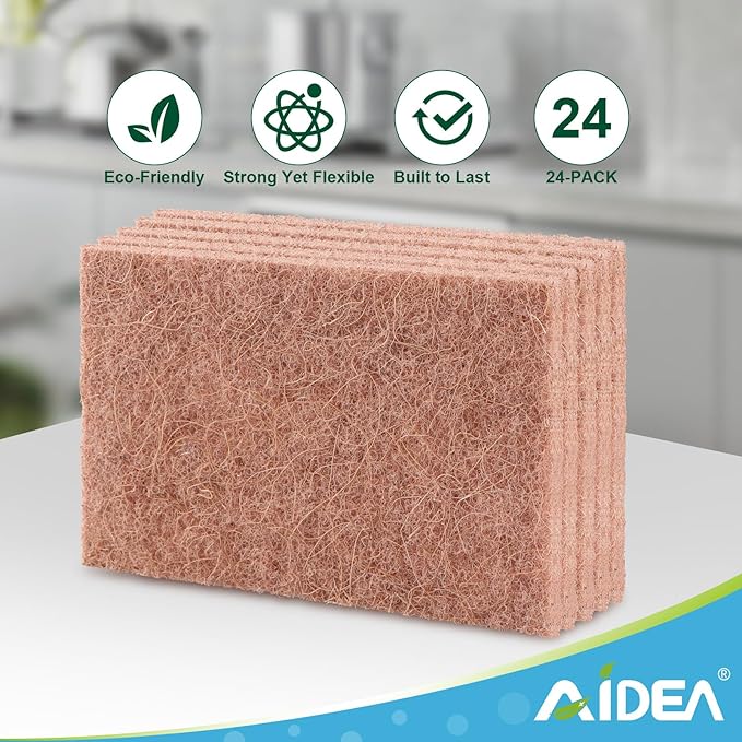 AIDEA Non-Scratch Natural Scouring Pads, Dish Scrubber Pads for Household and Kitchen, Cellulose Multipurpose Scour Pads for Cleaning -Natural Sisal Fibers, 24 Pack, 5.5in*3.5in