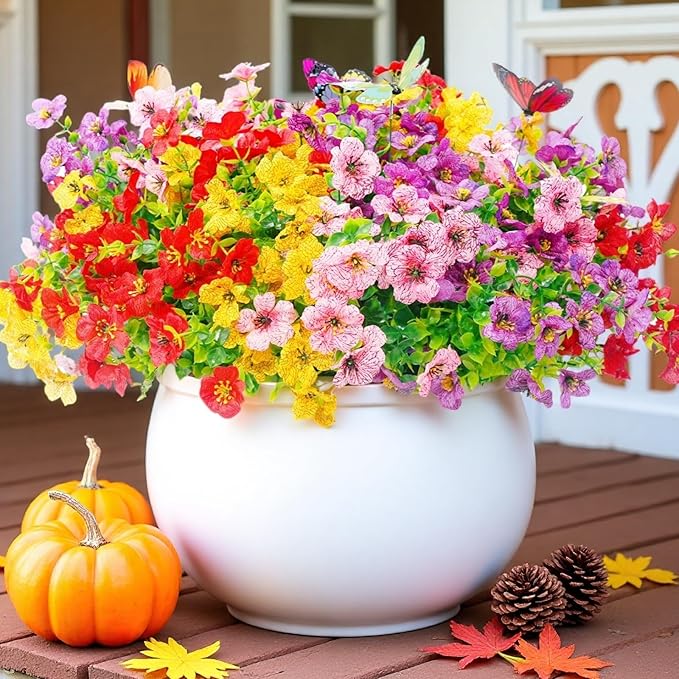 20 Bundles Artificial Flowers for Outdoors‌ with 6 Faux Butterflies, UV Resistant Fake Flowers‌ with Eucalyptus Leaves, Artificial Plants Outdoor‌ for Patio Garden Porch Home Decor (Mix 4 Colors)
