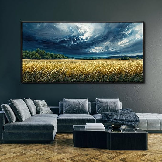 yiijeah Blue Abstract Canvas Wall Art - Rustic Wall Decor Living Room Bedroom Office Paintings Picture Framed Artwork for Walls Forest Landscape Sky Black Cloud Home Decoration