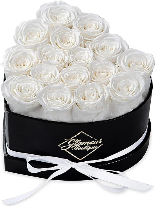 GLAMOUR BOUTIQUE 16 Flower Forever Heart Shape Box - Preserved Roses Gift for Her, Preserved Flowers, White