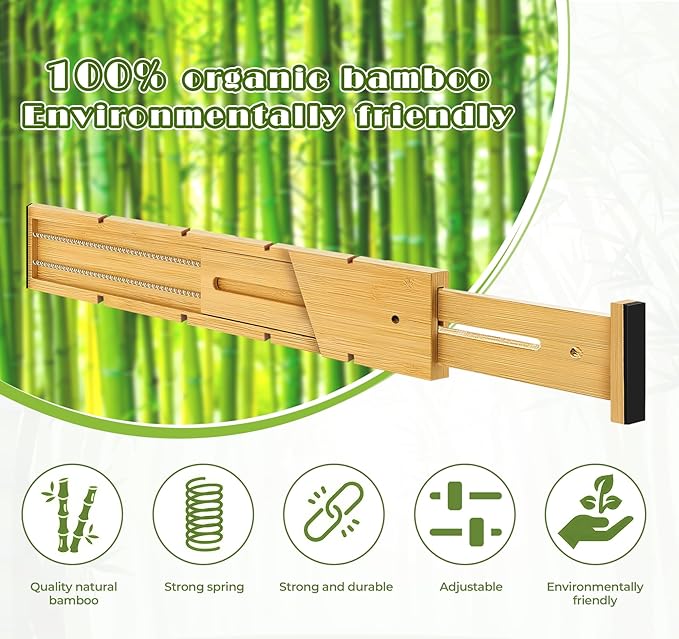 6PCS Bamboo Drawer Dividers with Inserts, Expandable Kitchen Utensil Drawer Organizers,Adjustable drawer organizer for deep drawers Dresser Closet Underwear Storage Bedroom Bathroom Drawers(16.6"-22")