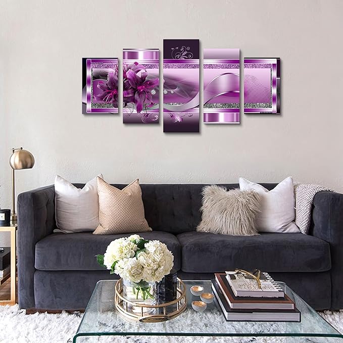 LUDUHU Purple Orchid Flowers Canvas Print - Abstract Floral Poster Wall Art Painting Decor for Home Decoration Artwork Picture Over Bedroom Purple Floral Painting(C,Oversize 60x30inch)