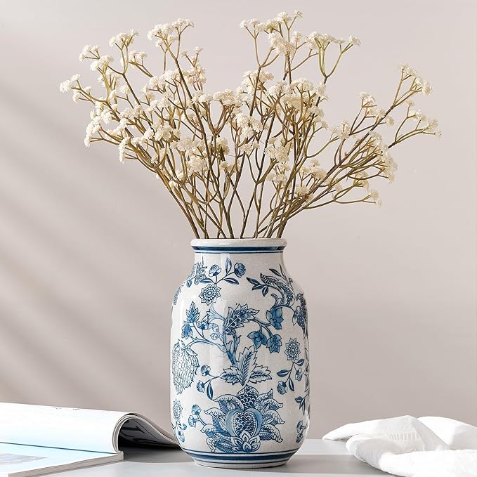 SIDUCAL Blue and White Vintage Vase, 9.4 Inch Ceramic Chinoiserie Floral Vase, Retro Ice Cracked Blue and White Porcelain for Home Decor Centerpieces, Living Room, Bookshelf, Office