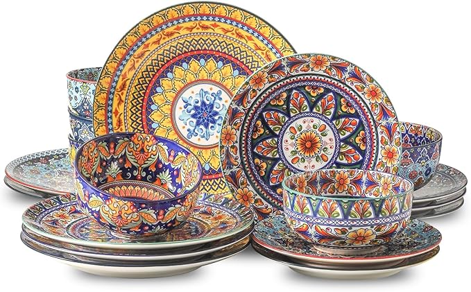 HASENSE 18 Pieces Kitchen Dinnerware Sets Service for 6, Bohemian Style Plates and Bowls Set, Ceramic Vintage Tableware Dishes Set, Scratch Resistant Microwave and Dishwasher Safe, Assorted Color