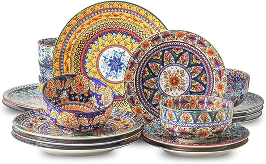 HASENSE 18 Pieces Kitchen Dinnerware Sets Service for 6, Bohemian Style Plates and Bowls Set, Ceramic Vintage Tableware Dishes Set, Scratch Resistant Microwave and Dishwasher Safe, Assorted Color