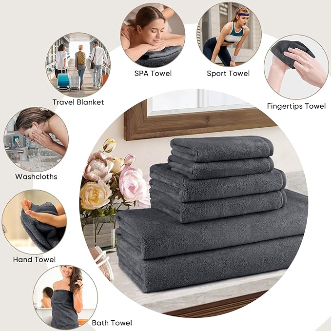 Orighty 6-Piece Towel Set - Soft & Lightweight - 2 Bath Towels, 2 Hand Towels, and 2 Wash Cloths - Absorbent & Quick Drying Microfiber Towel for Multipurpose, Bathroom, Gym, Sport, Yoga, Travel-Grey